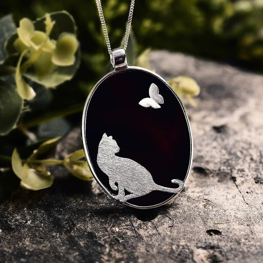 Agate Cat & Butterfly Silver Pendant