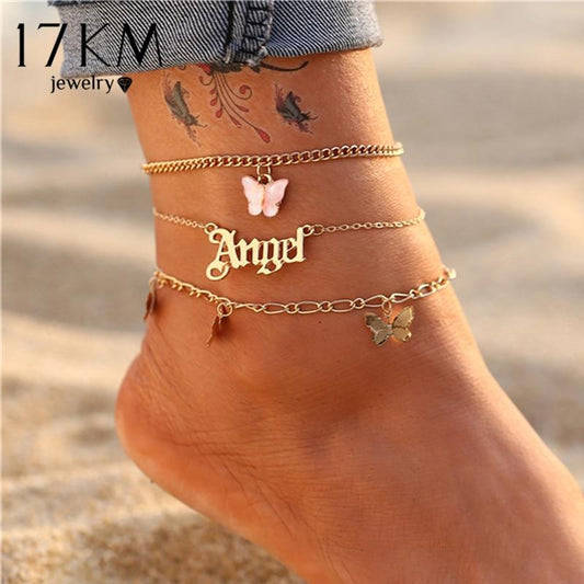 Enchanting 18K Gold-Plated Pink Butterfly Anklets Set